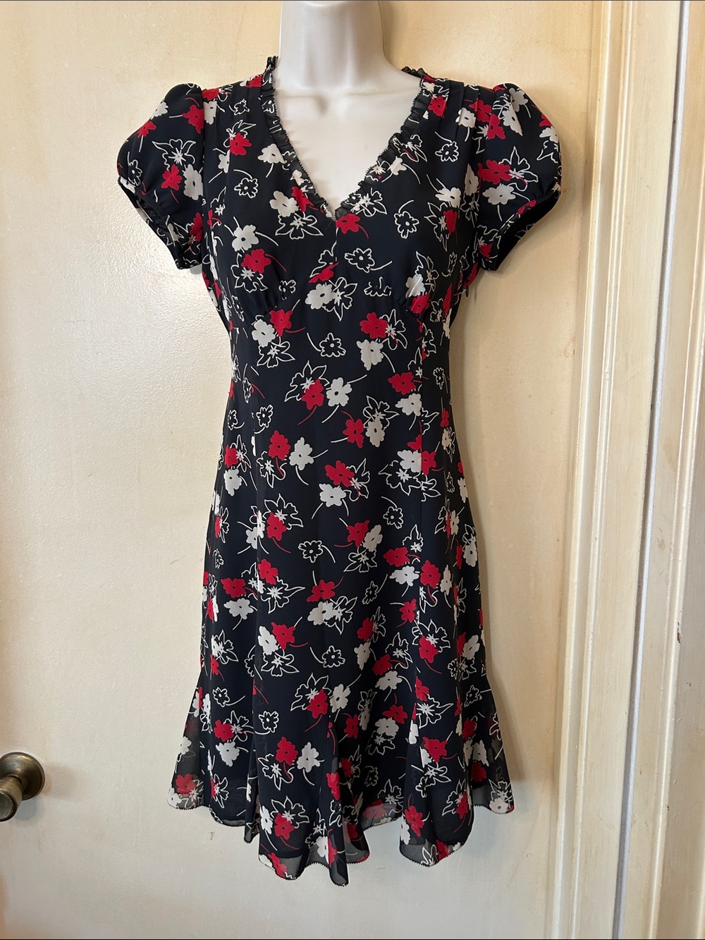 LOFT Black Mini Dress with Red & White Floral Print size 0P